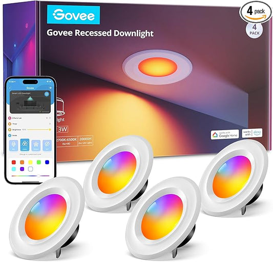 Govee Smart Retrofit Recessed Lighting 6 Inch, Wi-Fi Bluetooth Direct Connect RGBWW Retrofit Can Lights, 65 Scene Modes, Works with Alexa & Google Assistant, 1000 Lumens, 4 Pack