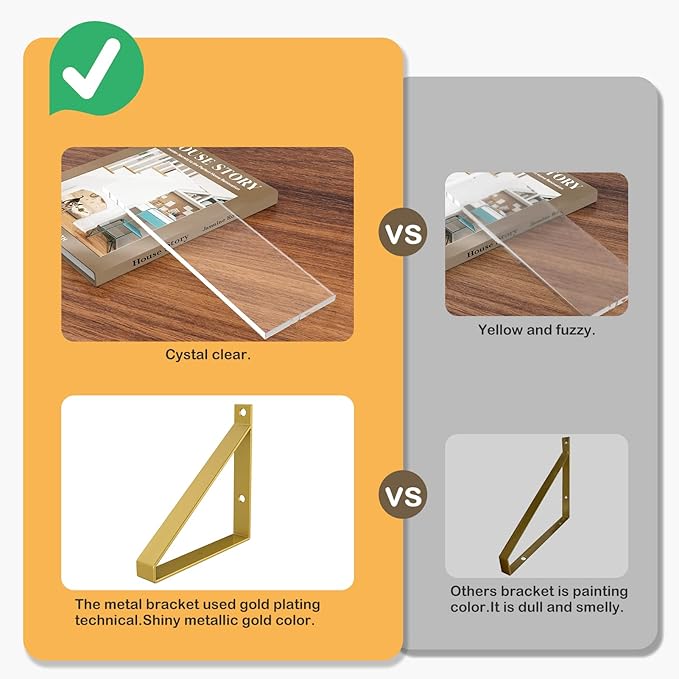 Clear Shelves, Gold Floating Shelves Wall Mounted Set of 2, 8mm Transparent Acrylic, Invisible Wall Shelves for Bedroom, Living Room, Bathroom, Kitchen, Office Display Decor (15in)