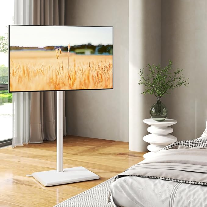TVON Floor TV Stand with Mount for Most 32-60 Inch TVs up to 88lbs, Height Adjustable TV Floor Stand with Wood Base for Space Saving, Tall Floor TV Stand for Bedroom, Corner & Living Room, White