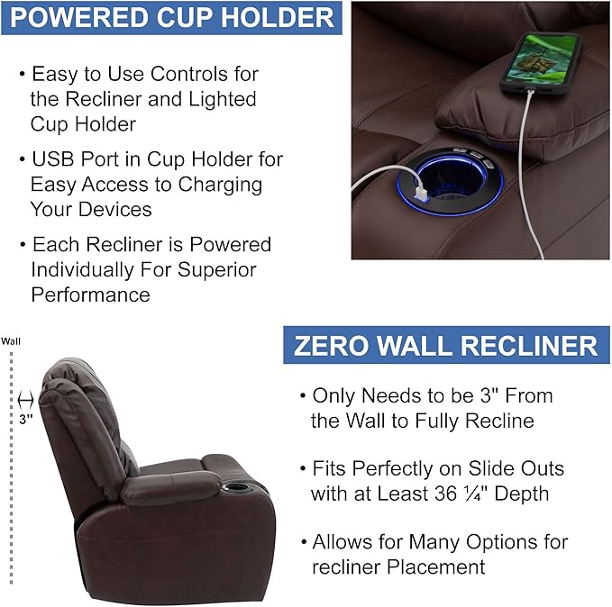 RecPro Charles 67" Powered Double RV Wall Hugger Recliner Sofa | Zero Wall Loveseat for Camper with Upgraded 2023 Fabric (Mahogany)