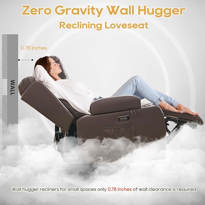 IPKIG Power Recliner Sofa with Flip-Up Backrest Console, USB & USB-C Ports, AC Outlet, LED Lights, Wall Hugger Recliners for Living Room, RV (Brown, 77.53" - 5 Seat) | Faux Leather, Zero Gravity, Dual Reclining, 2 Lumabr Pillow