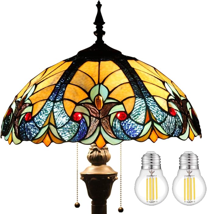 WERFACTORY Tiffany Floor Lamp Blue Yellow Liaison Stained Glass Standing Reading Light 16X16X64 Inches Antique Pole Corner Lamp Decor Bedroom Living Room Home Office S160E Series