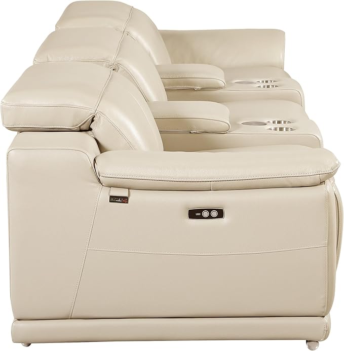 Blackjack Furniture Venice Top Grain Italian Leather Power Recline 5 Piece Sofa - 134" Theater Seating Modern Couch for Living Room Apartment Lounge Home with Adjustable Headrests & USB Port, Beige