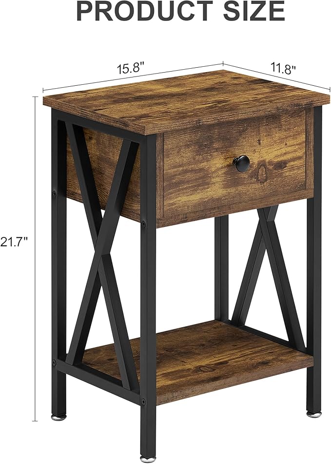 VECELO Nightstand,Modern Bedside End Tables, Night Stand with Drawer and Storage Shelf for Living Room Bedroom, Industrial Metal Frame