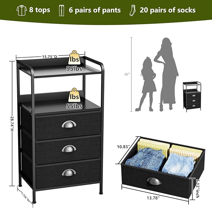 Night Stand with 3 Fabric Drawer and Sturdy Metal Frame, Modern Nightstand Lightweight & Durable -55LB Load Capacity, Wear-Resistant & Easy-Clean Surface, Black