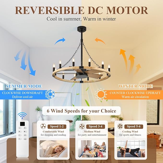 Natural Farmhouse Wood Wagon Wheel Chandelier Fans with 12 Lights and Remote, Rustic Wooden Ceiling Fan Light 36in Fandelier for Bedroom Dining Room Kitchen Living Room