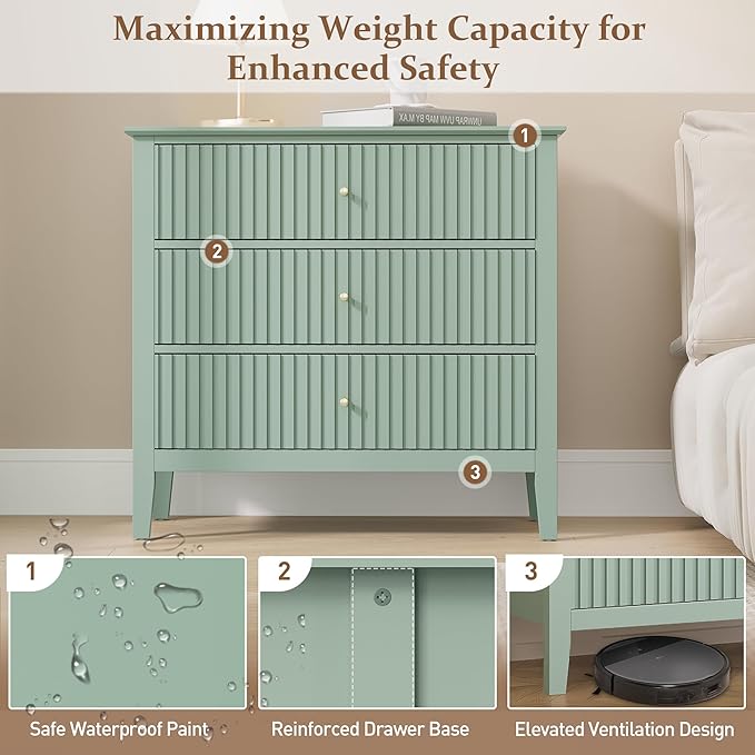 Large Sage Green 3 Drawer Dresser, Painted 30 Inch Tall Wood Nightstand with Storage, Wide Modern Chest of Drawers with Ball Bearing Slide for Bedroom Hallway Living Room Entryway Office