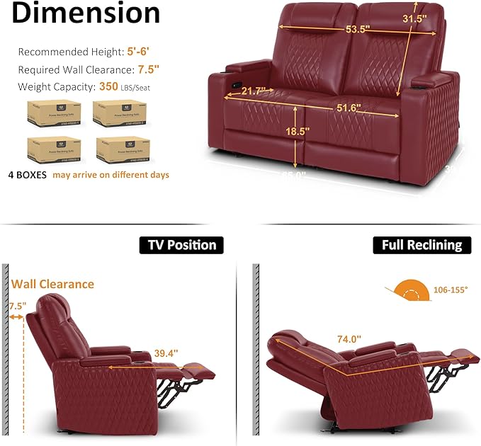 MCombo 65" Zero Gravity Oversized Power Reclining Loveseat with Adjustable Headrest for Living Room, Double Recliner Sofa with USB & Type C Port, Armrest Storage & LED Light HTS401SET