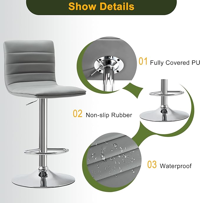 NicBex Swivel Bar Stools Modern PU Leather Adjustable Barstools, Kitchen Island Counter Bar Stools Set of 2,(Grey Color)