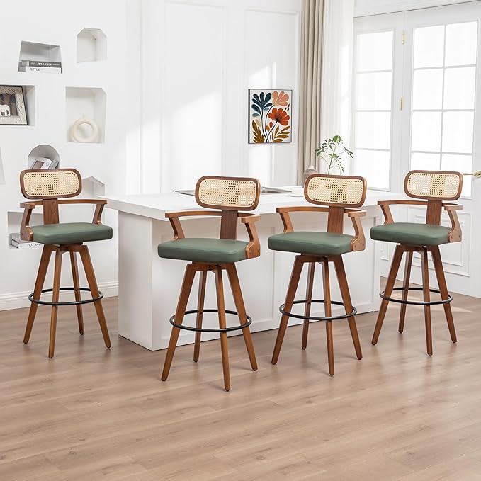 Set of 4 Counter Height Bar Stools - 27 inch Swivel Counter Stools with Walnut Craftsmanship, Cane Back, Upholstered Faux Leather, Kitchen Island Stools for Island/Pub/Kitchen (27" Seat Height, Green)