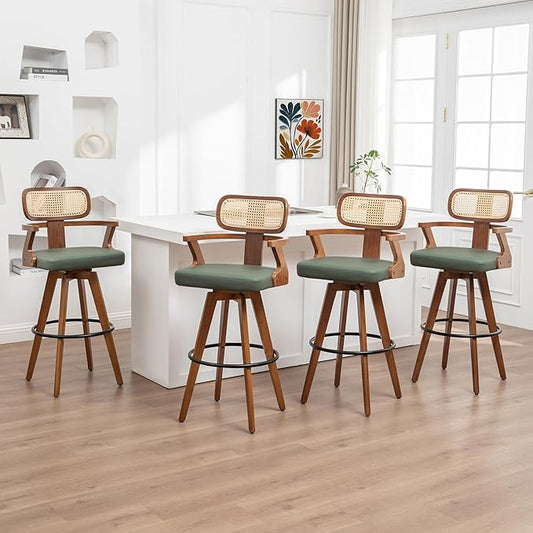 Set of 4 Counter Height Bar Stools - 27 inch Swivel Counter Stools with Walnut Craftsmanship, Cane Back, Upholstered Faux Leather, Kitchen Island Stools for Island/Pub/Kitchen (27" Seat Height, Green)