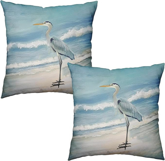 Beach Blue Pillow Covers Nautical Coastal Heron Throw Pillow Covers 18x18 Set of 2 Summer Ocean Bird Decorative Pillow Cases Outdoor Cushion Cover for Bed Sofa Couch Patio