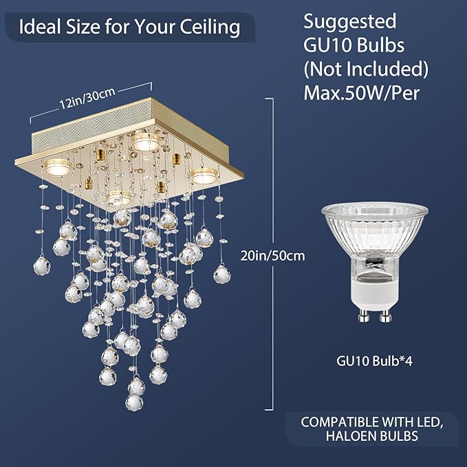 Bestier Gold Modern Crystal Square Raindrop Chandelier Lighting Flush Mount LED Ceiling Light Fixture Pendant Lamp for Dining Room Bathroom Bedroom Livingroom 4 GU10 Bulbs Required 12" Wide 20" High