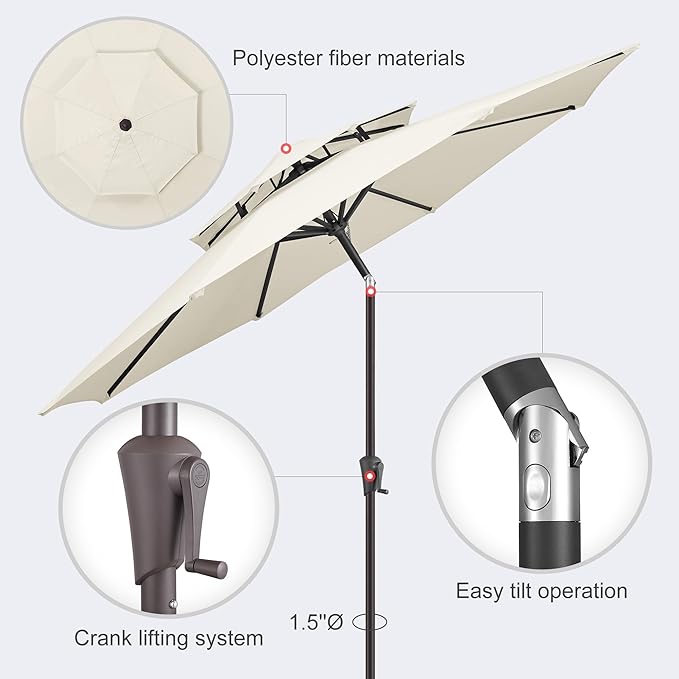 9ft Outdoor Patio Umbrella - 2-Tier Table Umbrella Waterprool UV Protection, Sombrillas de Patio with Push Button Tilt, Sun Umbrella for Pool, Porch, Garden, Backyard (Ivory)
