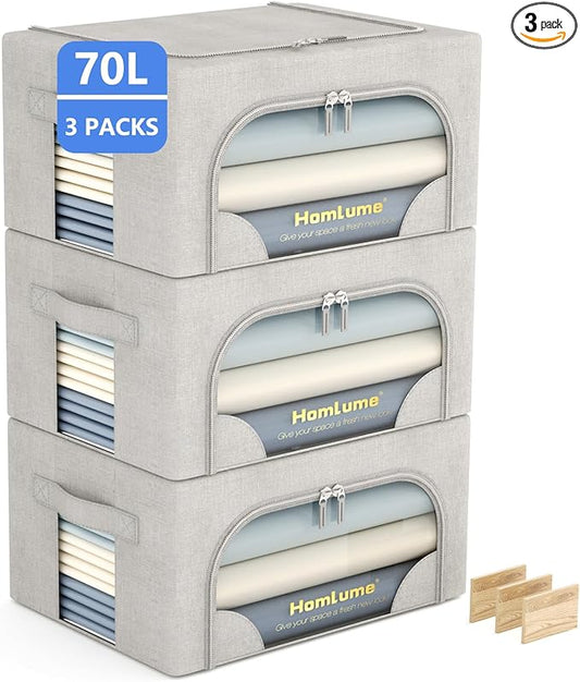 3 Packs Storage Boxes for Clothes Collapsible Storage Bins with Cedar Wood Piece, Linen with Metal Supports and Durable Handles Metal Storage box,Clear Window with Zippers (Light Grey,70L)