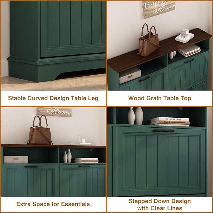 Shoe Storage Cabinet with 4 Flip Drawers, 47" W Farmhouse Modern Hidden Shoes Rack Cabinet with Adjustable Shelves & Open Storage, Narrow Slim Shoe Organizer for Front Door Entrance, Entryway, Green