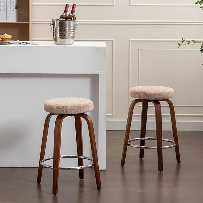 Swivel Bar Stools Set of 2 for Island Kitchen, Modern 26" Backless Counter Height Bar Stools, 360 Swivel Seat Light Brown