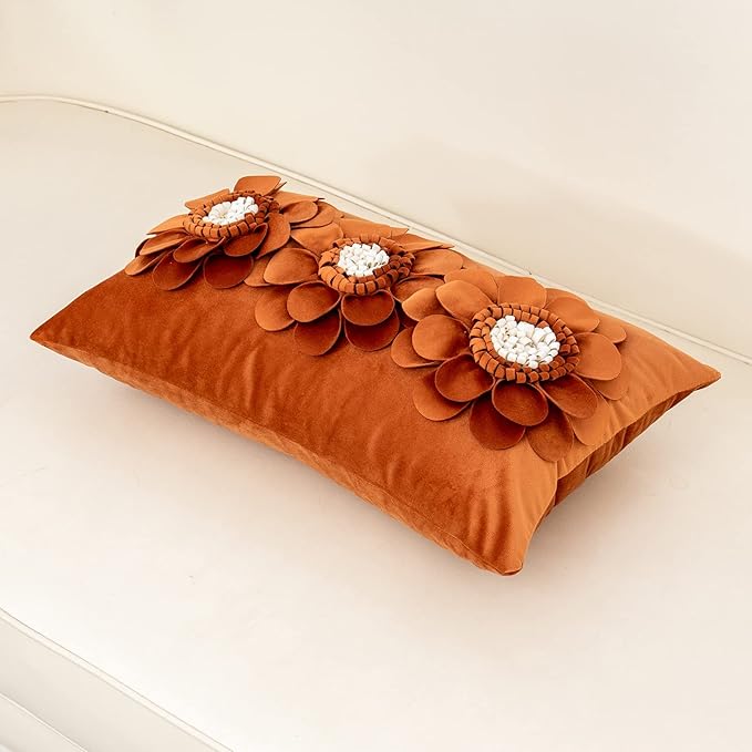 Alerfa 3D Flower Handmade Throw Pillow Cover Decorative Orange Velvet Pillowcase Cushion Cover with Hidden Zipper for Couch Bed Living Room Home Decor 12x20 Inches