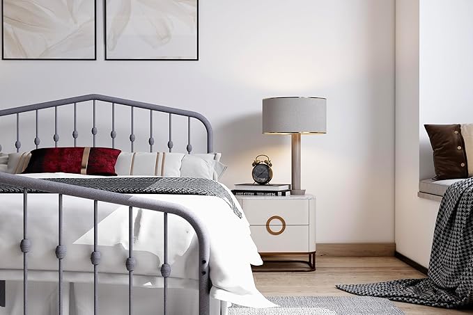 Washington Queen Metal Bed Frame with Headboard and Footboard Platform/Wrought Iron/Heavy Duty/Metal Slat/Grey Silver/No Box Spring Needed