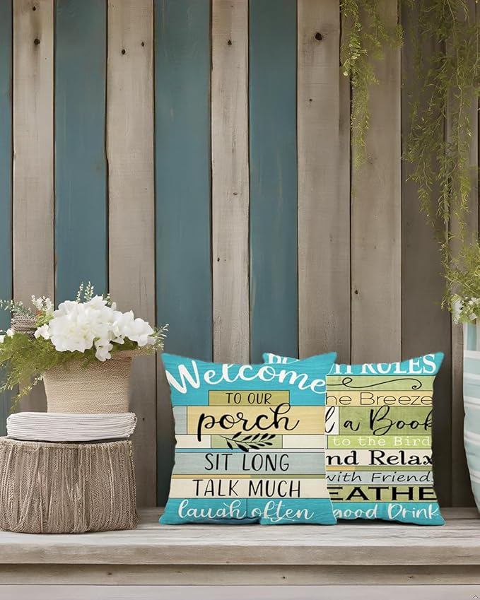 Jartinle Lake House Outdoor Pillow Covers 18x18 Inch Waterproof Turquoise Woodgrain Stripe Welcome to Porch Decorative Cushion Covers for Patio Furniture, Set of 2