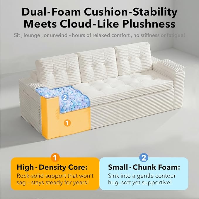 83" Boneless Couch, 3-Seater Cloud Corduroy Sofa in a Box with Deep Tufted Cushions, Zero Assembly, Removable Washable Cover, Family-Friendly Living Room Couch, Beige