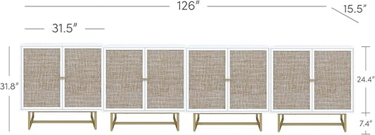 Nathan James Kova Rattan Wood Accent Natural Sideboard Storage Cabinet TV Stand with Matte Metal Frame, Adjustable Shelves and Cane Doors, for Hallway, or Living Room, White/Cane/Brass, Set of 4
