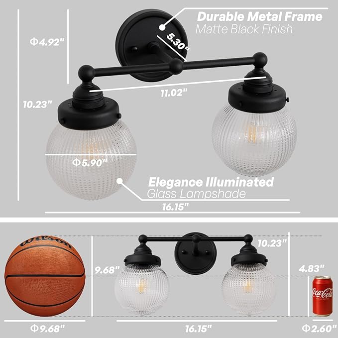 Vintage Double Arm Brass Wall Sconce Lighting, Clear Ribbed Glass 2-Lights Bathroom Vanity Light Fixture for Dining Room Bedroom Living Room Corridor