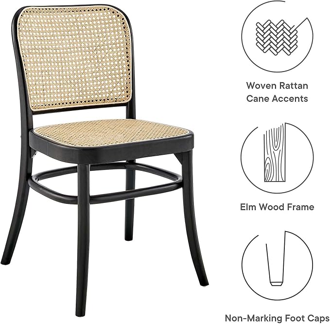 Modway Winona Elm Wood Cane Rattan Seat, Dining Side Chair, Black