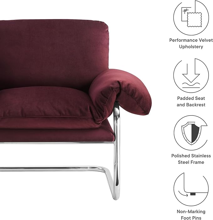 Modway Ansel Performance Velvet Accent Chair in Mulberry - Stain-Resistant Velvet Lounge Chair for Living Room, Bedroom - Corner Reading Chair with Arms and Removable Cushions