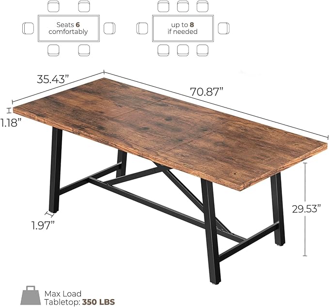 Concho Industrial Dining Table for 6-8 People, Long Wooden Kitchen Dinner Table with Sturdy Metal Frame for Home Office,Dining Room,Living Room Furniture, Brown