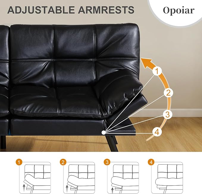 Opoiar Black Leather Futon Sofa Bed Convertible Memory Foam Couch Bed Futon Sets Folding Modern Sleeper Sofa Loveseat for Studio,Drom,Apartment,Game Room and Small Space