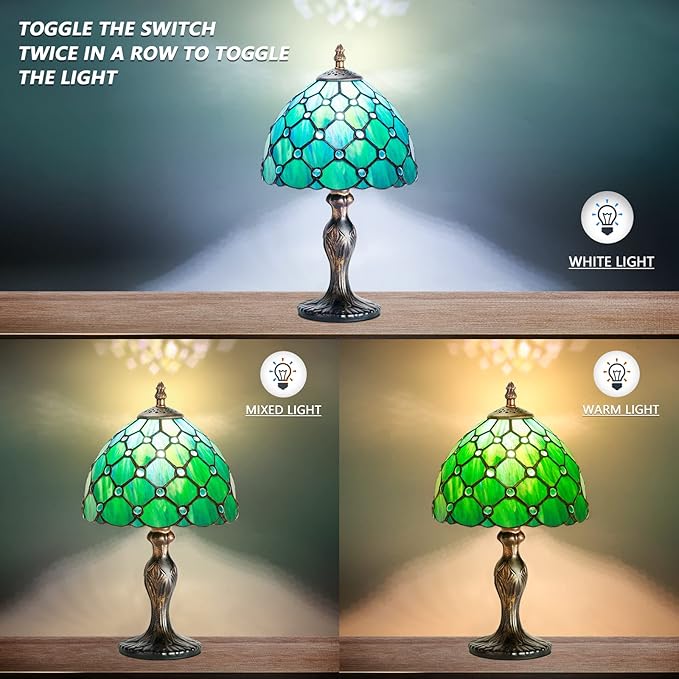 MIAOKE Stained Glass Table Lamp,Stained Glass Crystal Bead Style Table Light, Handmade Desk Bedside Night Light, Antique Art Craft Gifts Lover Living Room Bedroom Bookcase (Green Pearl)