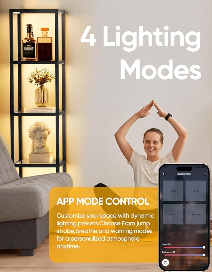 PARTPHONER Large Glass Display Shelf with Remote/APP Control, Dimmable LED Floor Lamp with Shelves, Open Display Cabinet, Color Temperature Control (2700K-6000K), Black