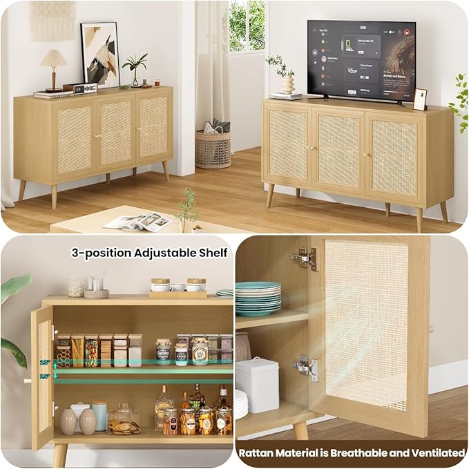 FONTOI Rattan Entryway Table, Entertainment Center with Adjustable Shelf, Sideboard Buffet Cabinet with 3 Rattan Doors, Modern Console Cabinet with Large Storage for Living Room, Kitchen, Brown