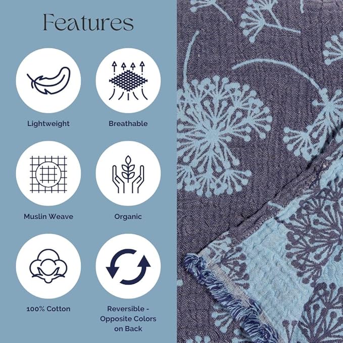 InfuseZen Large Turkish Muslin Throw Blanket - Reversible Dandelion Design -100% Turkish Cotton Gauze - 92" x 65" - Soft, Thin, Lightweight, Breathable - Sofa, Bed, Picnic, Beach, Yoga - Navy/Blue