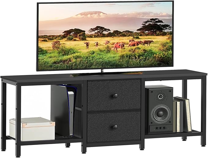 TV Stand for TVs up to 55", Entertainment Center with 2 Fabric Drawer, Media Console with Shelves, Television Stands for Living Room, Bedroom, Black DS02BB