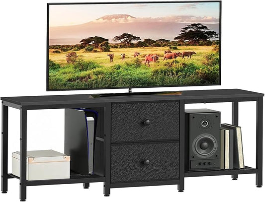 TV Stand for TVs up to 55", Entertainment Center with 2 Fabric Drawer, Media Console with Shelves, Television Stands for Living Room, Bedroom, Black DS02BB