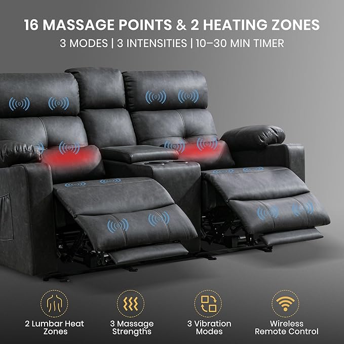 GUEAPY 68" Power Reclining Loveseat with Heat & Massage, Wall Hugger Double Reclining Sofa with Console, Cup Holders & Storage, Power Recliner Couch for Camper, Trailer, RV, Home Theater Living Room