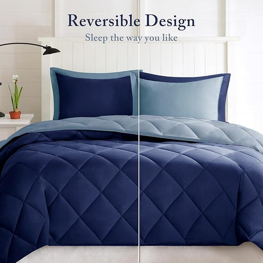 Madison Park - BASI10-0199 Larkspur All Season Reversible Two Sides Down Alternative Set 3M Stain Release Comforters, Full/Queen, Navy/Light Blue