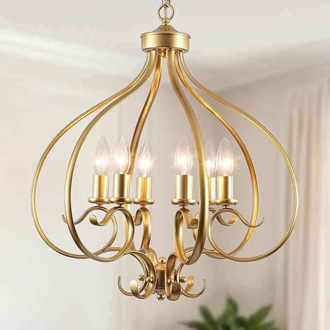 6 Lights Gold Farmhouse Chandelier for Dining Room,19.68" Large Modern Vintage Rustic Adjustable Gold Chandelier Pendant Light Fixtures for Kitchen Island Living Room Entryway Hallway Foyer Bedroom