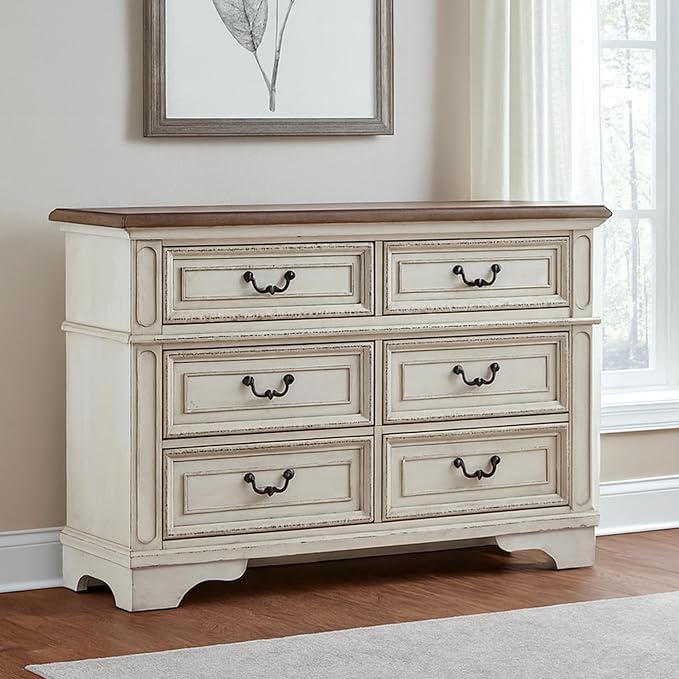 Signature Design By Ashley Realyn French Country Youth 6 Drawer Dresser, Chipped White & Brown