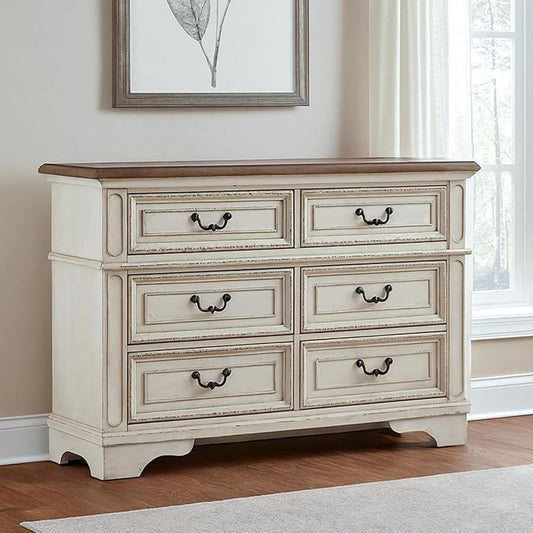 Signature Design By Ashley Realyn French Country Youth 6 Drawer Dresser, Chipped White & Brown