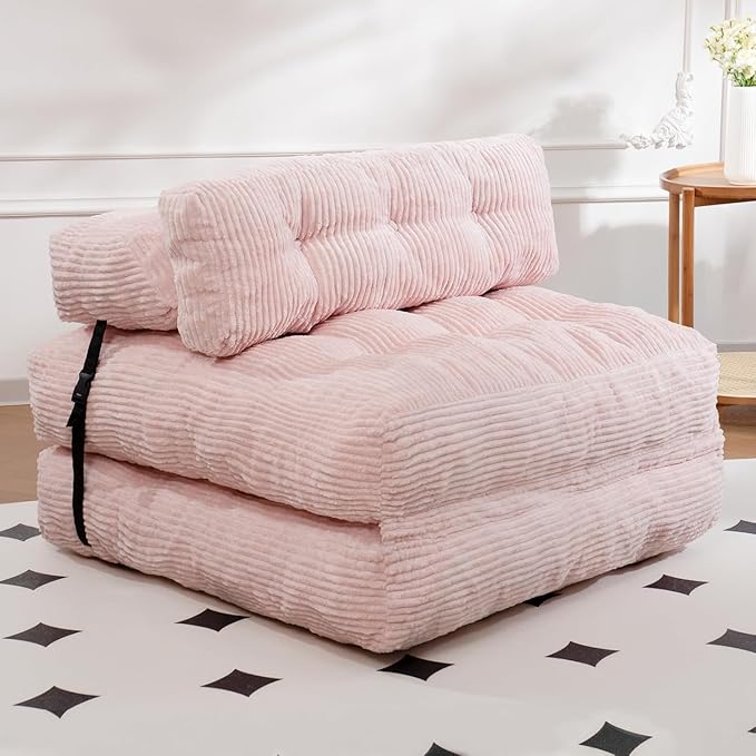 Folding Sofa Bed, Folding Chair Bed with Pillow, Convertible Lazy Sofa Bed with High-Density Support Foam, Fold Out Chair for Small Spaces Living Room Bedroom, Pink