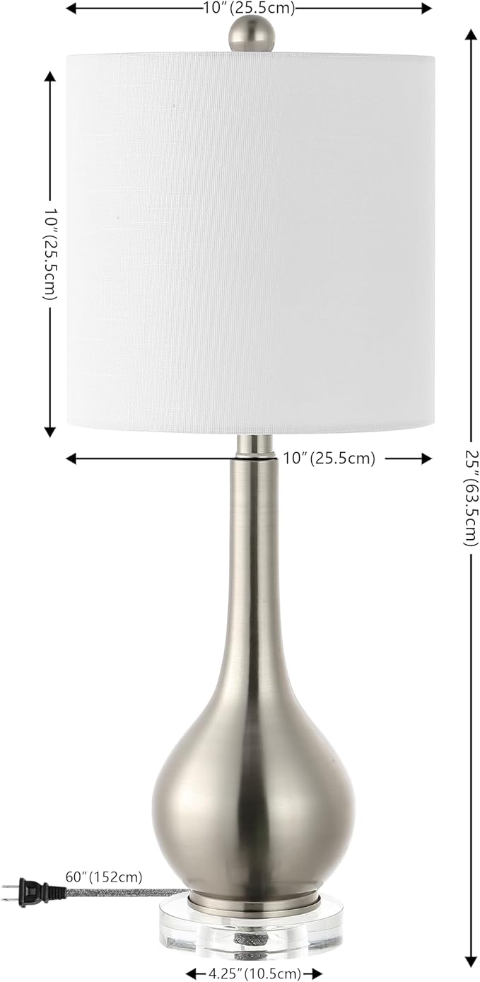 JONATHAN Y 25" Nickel Metal and Crystal Teardrop LED Table Lamp for Bedroom Living Room Bedside Nightstand, White Linen Drum Shade, LED Bulb Included, Set of 2 (JYL5010B-SET2)