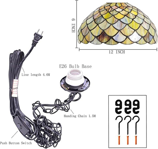 Tiffany Pendant Light Plug in 12 Inch Brown Fish Scales Stained Glass Hanging Lamp with Chain 33 Inch, Cord 15 Feet
