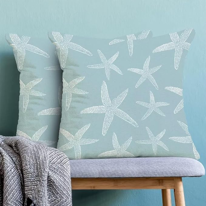 BETGINY Coastal Seafoam Blue Starfish Throw Pillow Cover 18X18 Inch Pack of 2,Summer Nautical Ocean Decorative Pillow Covers Square Linen Beach Pillow Cases Cushion for Bedroom Home Sofa Decor
