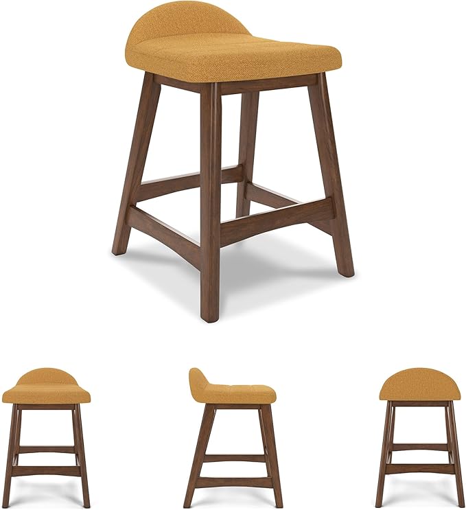 Signature Design by Ashley Lyncott Contemporary 24.25" Seat Height Counter Height Upholstered Bar Stool with Foam Cushion, 2 Count, Mustard Fabric, Solid Hardwood Frame with Brown Finish