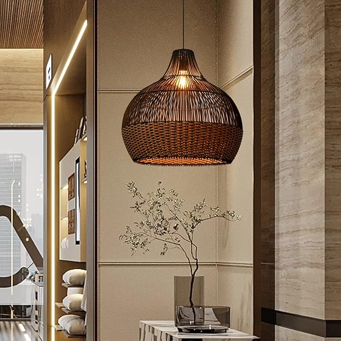 Arturesthome 1 Light Rattan Pendant Light Fixtures,Wicker Boho Black Basket Chandelier, Large Natural Woven Ceiling Hanging Lamp for Kitchen Island Dining Room W 23.5"*22.7"