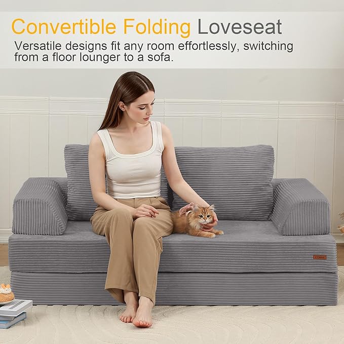 COMAX Futon Sofa Bed, Convertible Folding Sofa Bed, Boneless Couch Loveseat Corduroy with Pillows, Small Foldable Floor Couch Comfy Lounge Sleeper for Living Room Bedroom, Light Grey