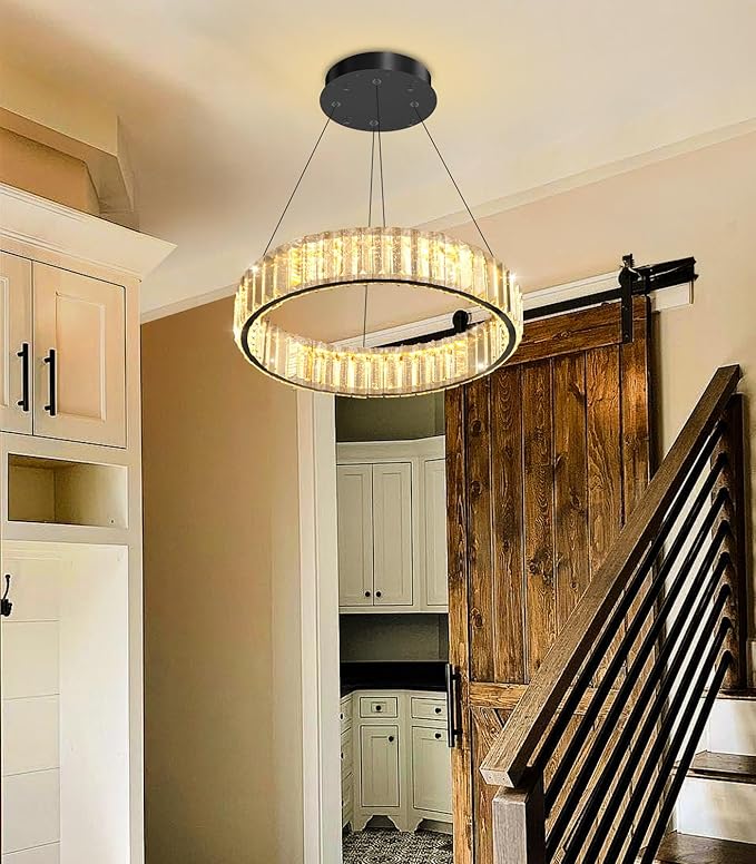 8'' Modern Ring Chandelier Crystal Chandeliers for Dining Room Round LED Dimmable Ceiling Light Fixture for Living Room Bedroom Lighting Black